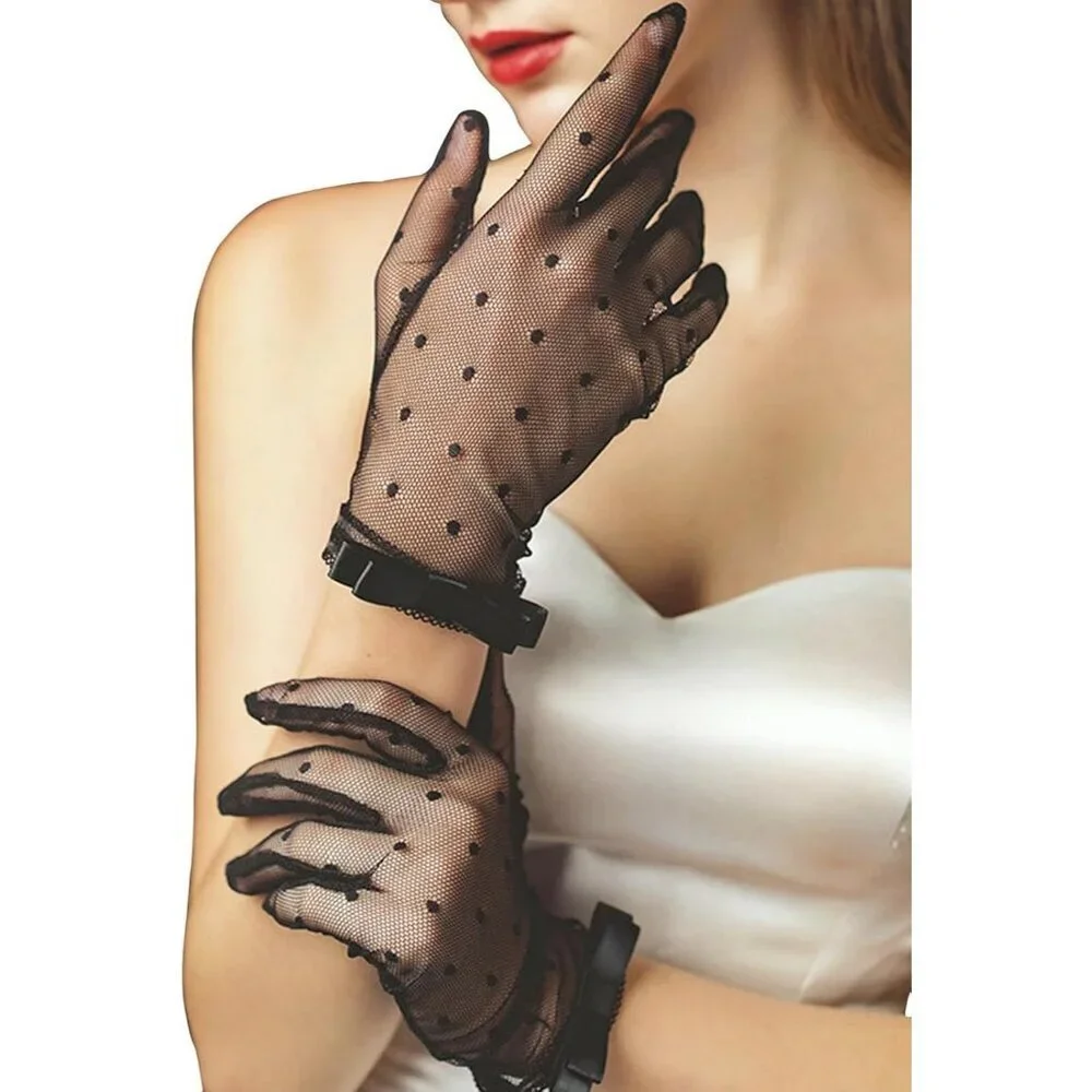 Women's #2 Black Short Floral Evening Sheer Gloves Bridal Wedding Party Tea